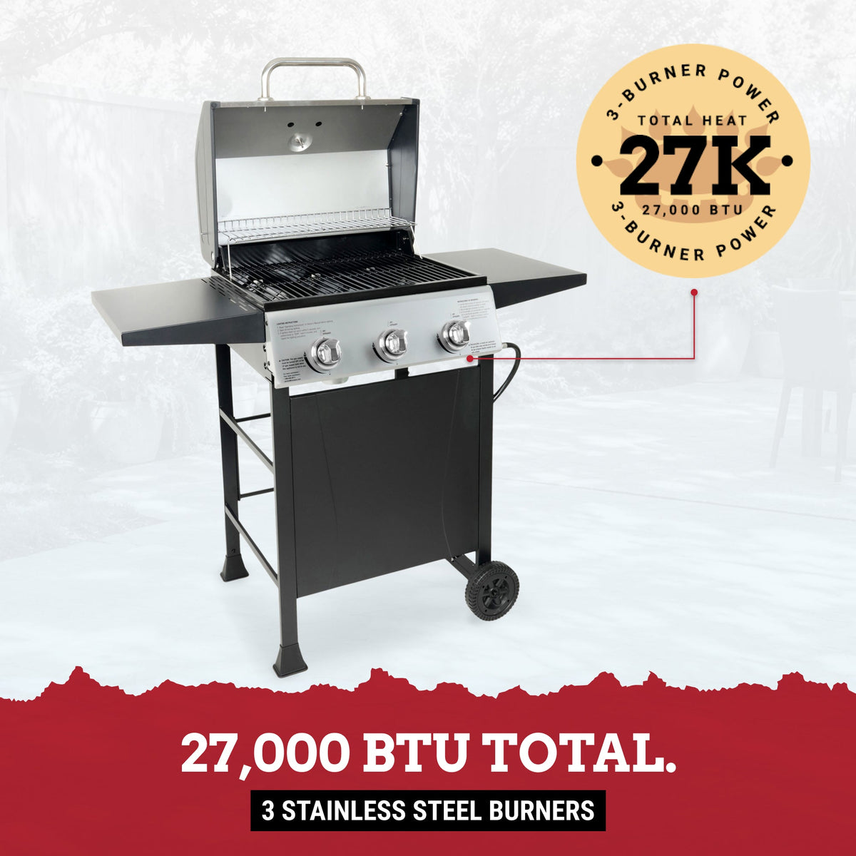 Grill Boss 27,000 BTU 3 Burner Gas Grill with Wheels, Cover, and Side Shelves