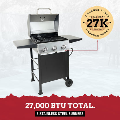 Grill Boss 27,000 BTU 3 Burner Gas Grill with Wheels, Cover, and Side Shelves