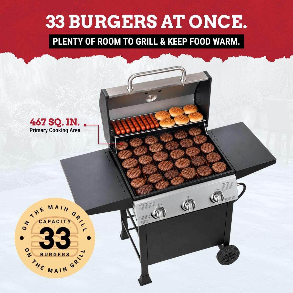 Grill Boss 27,000 BTU 3 Burner Gas Grill with Wheels, Cover, and Side Shelves