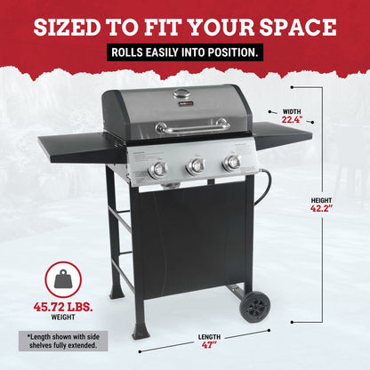 Grill Boss 27,000 BTU 3 Burner Gas Grill with Wheels, Cover, and Side Shelves
