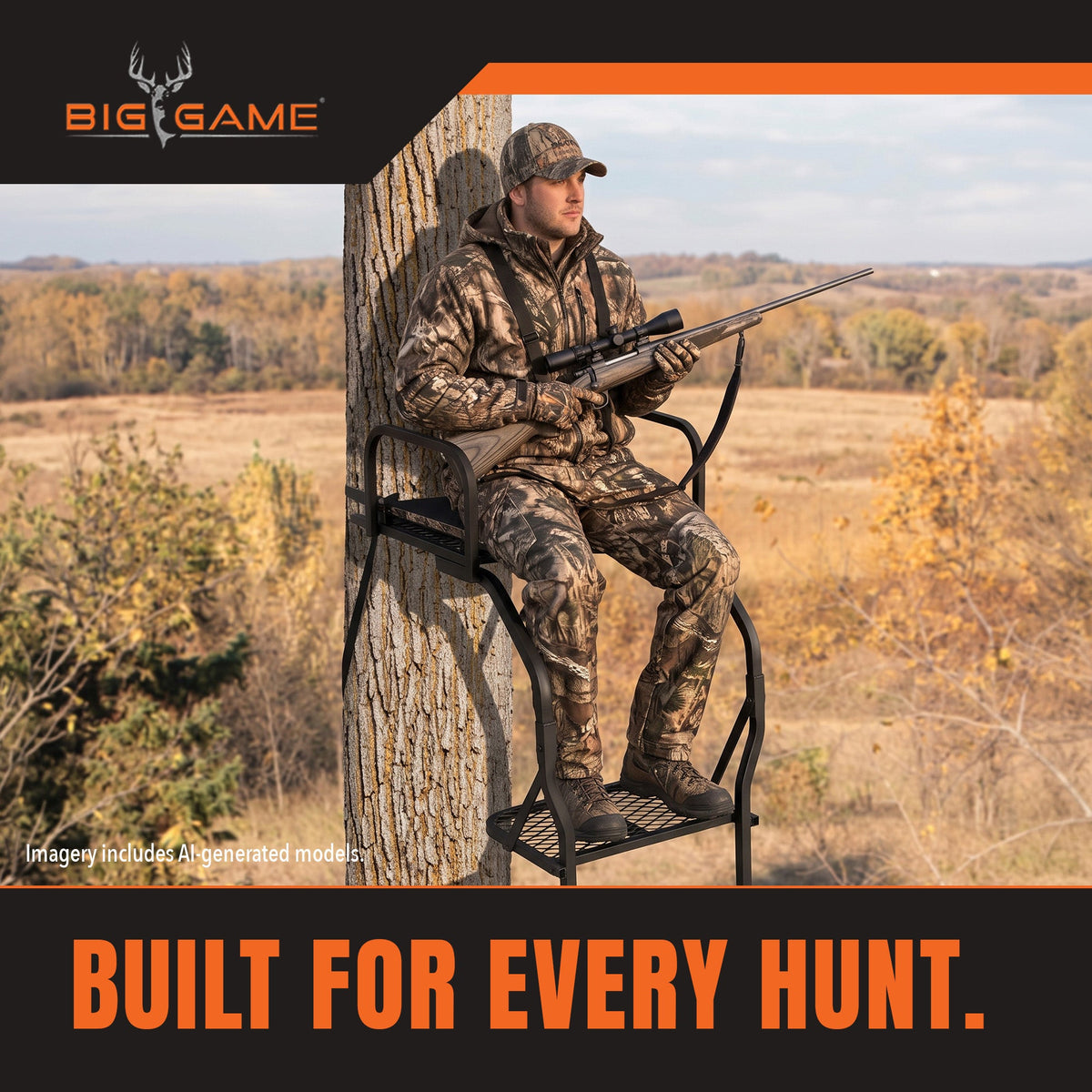 Big Game The Warrior Pro 1 Person Deer Hunting Ladder Climbing Tree Stand, Black