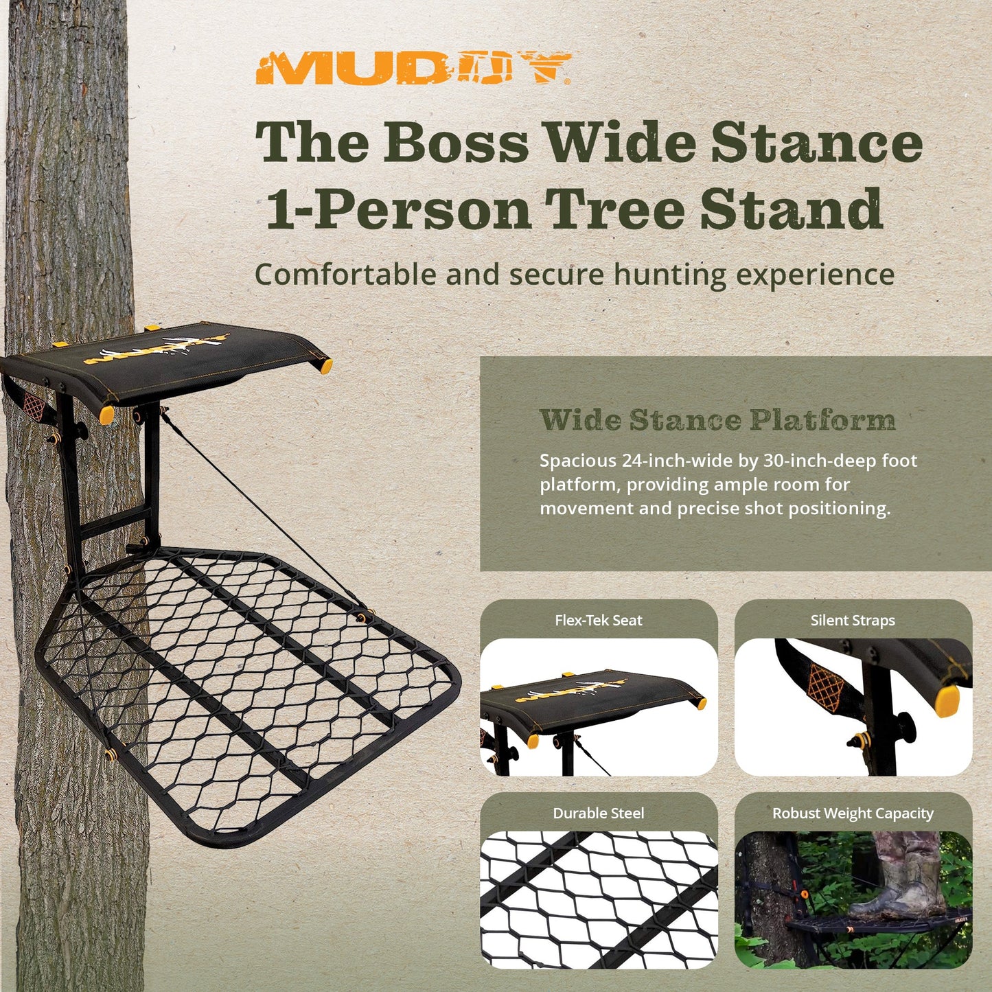 Muddy The Boss Wide Stance Hang On 1 Person Deer Hunting Tree Stand Platform