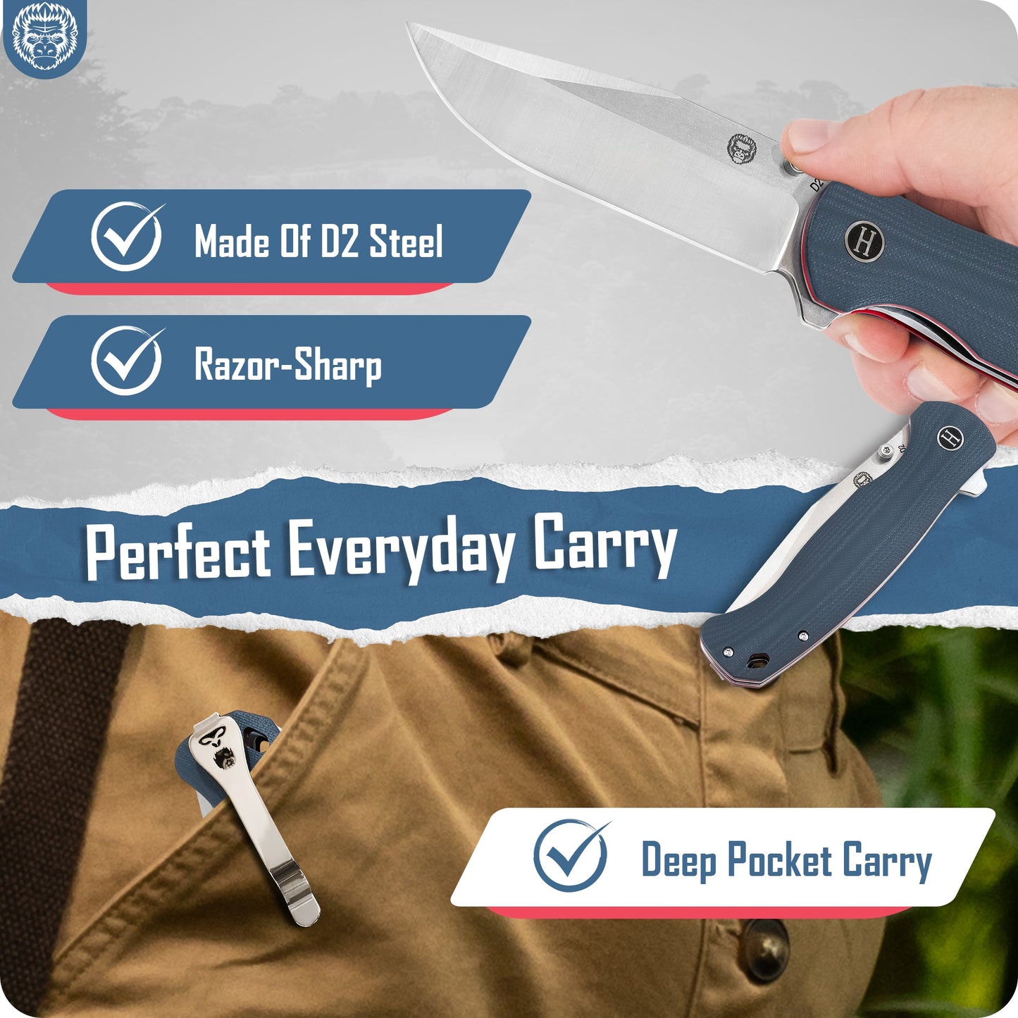 Holtzman's Gorilla Survival The Wrangler Folding Pocket Knife Giftset for Men and Women (Silver and Red)