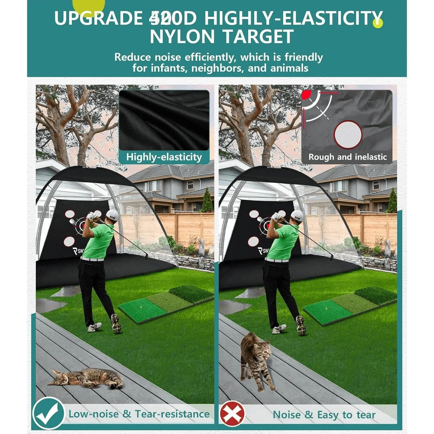 DCUTIE 10x7FT Golf Practice Net with Mat & Target – Backyard Driving & Chipping Aid