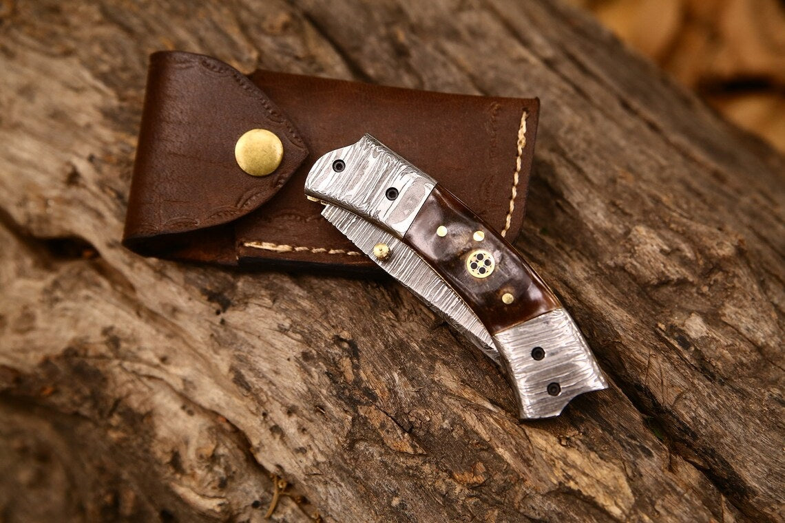KBS Knives Custom Handmade Damascus Steel EDC Folding Pocket Knife – 3-Inch Blade, Sheep Horn Handle, Leather Case – Perfect Wedding Gift by KBS Knives