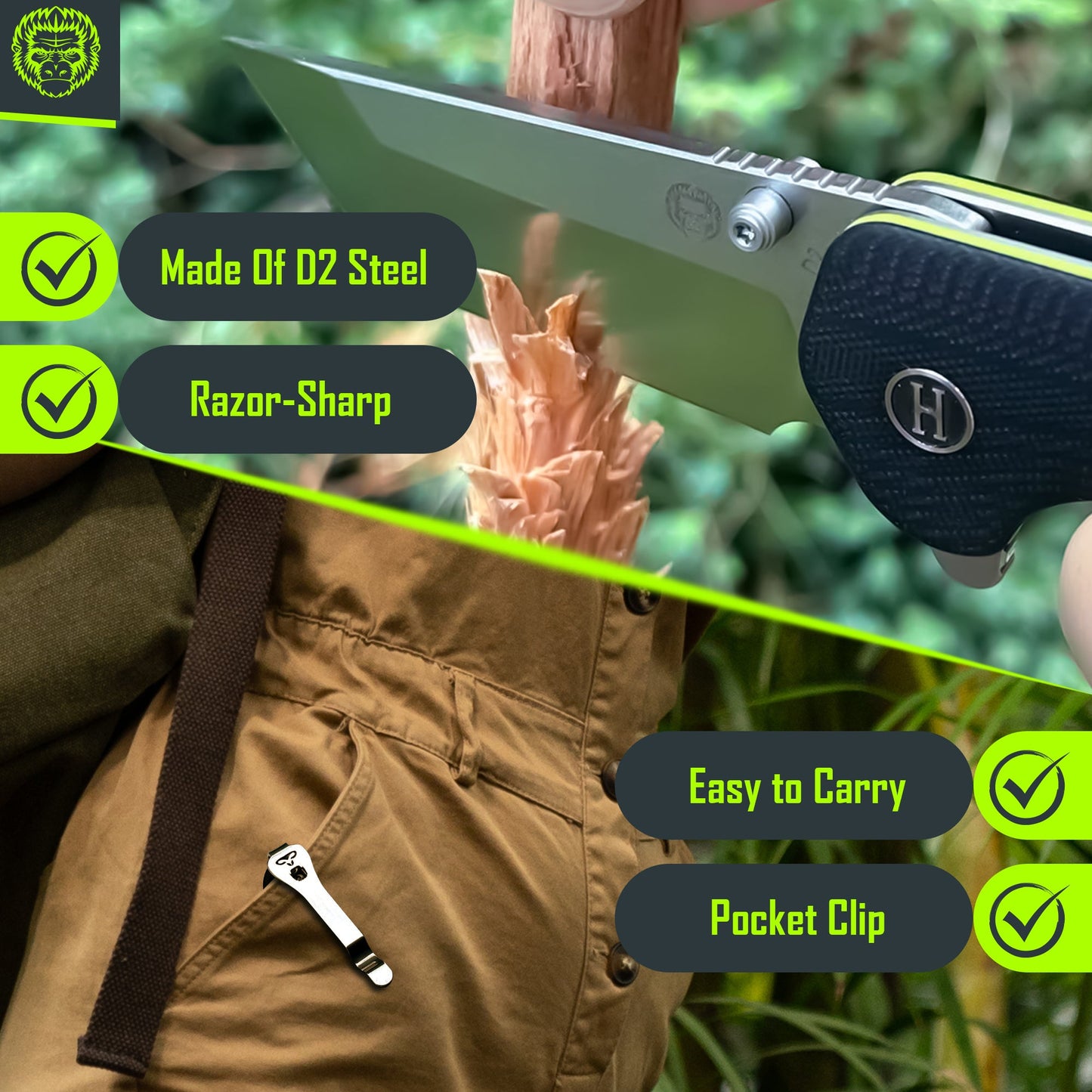 Holtzman's Gorilla Survival The Pioneer Folding Pocket Knife Giftset for Men and Women (Silver and Green)
