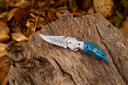 KBS Knives Custom Handmade Damascus Steel EDC Folding Pocket Knife – Exotic Wood Handle, 3-Inch Blade, Leather Case – Ideal Wedding Gift