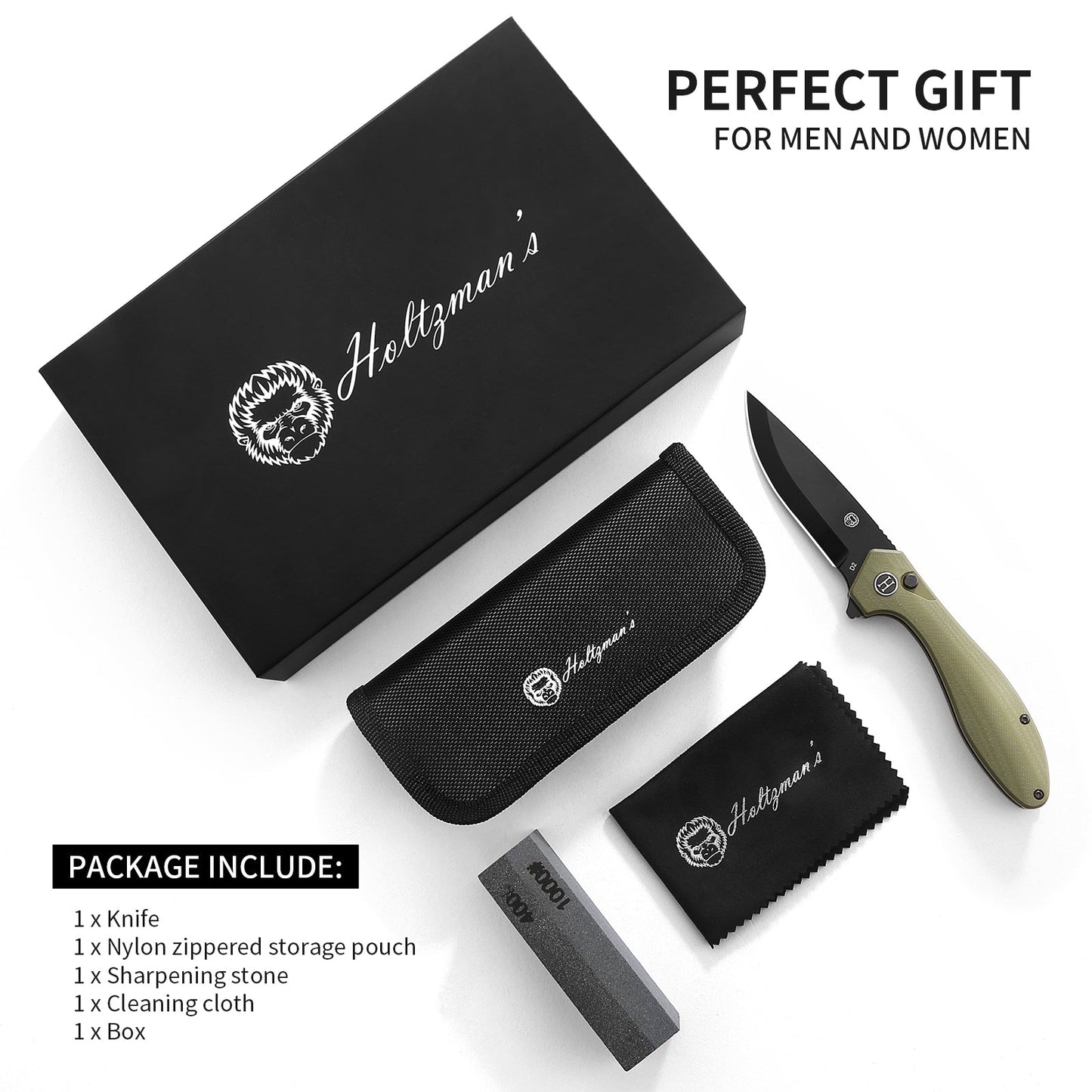 Holtzman's Gorilla Survival The Vector Folding Pocket Knife Giftset for Men and Women (Green and Black)