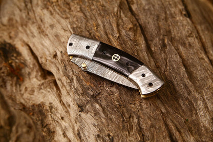 KBS Knives New Custom Handmade Damascus Steel Tanto Blade EDC Folding Pocket Knife | 3-Inch Blade, Buffalo Horn Handle, Leather Case | Perfect Gift by KBS Knives