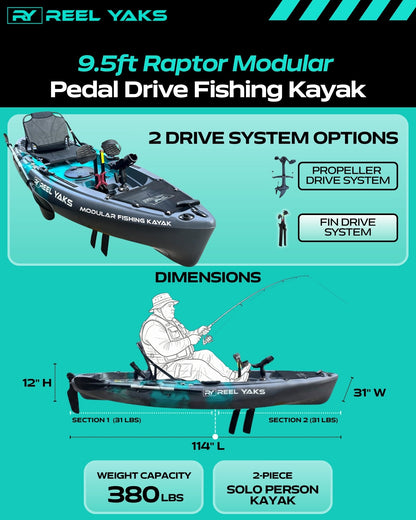 ReelYaks 9.5ft Raptor Modular Fin Drive Pedal Fishing Kayak | 380lbs Capacity | 2 Piece