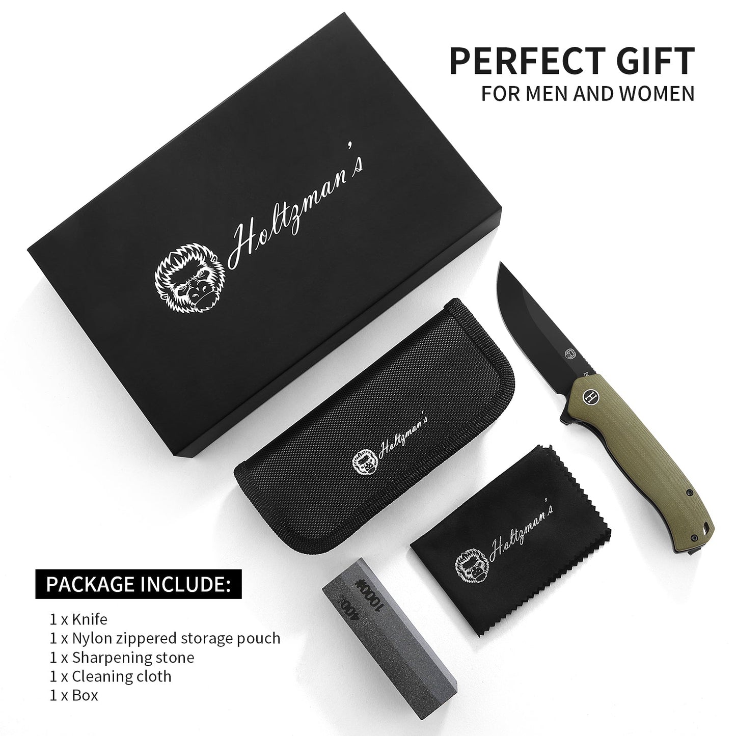 Holtzman's Gorilla Survival The Pathfinder Folding Pocket Knife Giftset for Men and Women (Green and Silver)