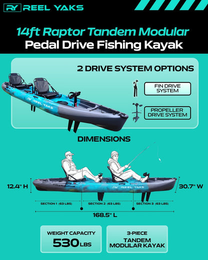 ReelYaks 14ft Raptor Tandem or Solo Modular Raptor Fin or Prop Drive Pedal Fishing Kayak | 520lbs Capacity | 3 Piece