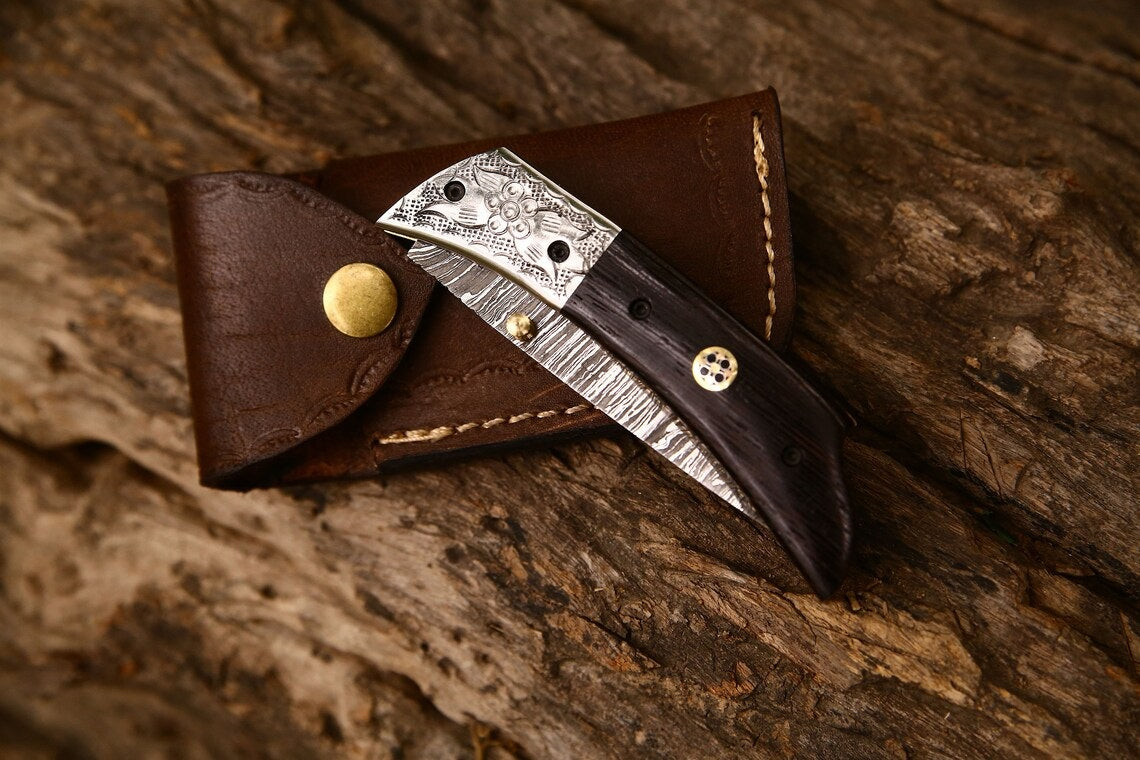 KBS Knives Hand Engraved Custom Damascus Steel EDC Folding Pocket Knife | 3-Inch Blade, Wenge Wood Handle, Leather Case | Anniversary Gift Idea