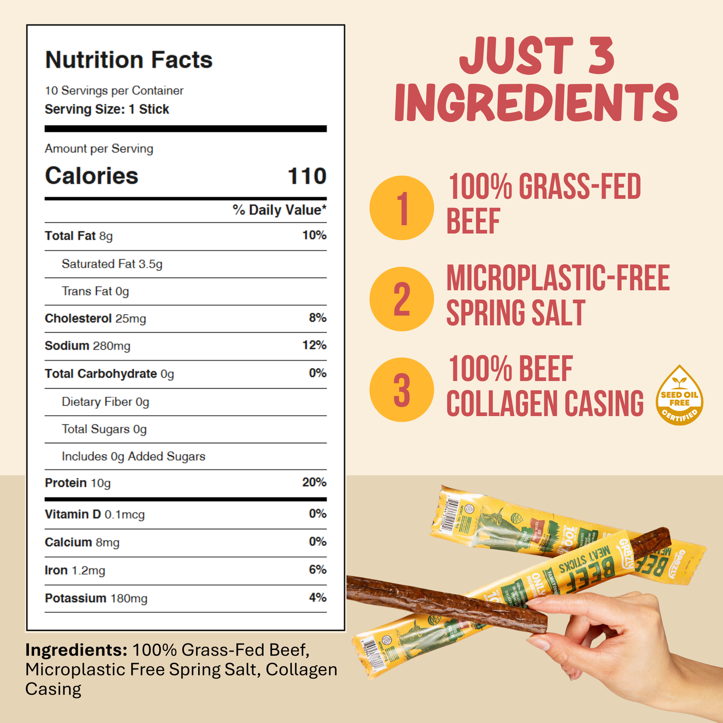 Grazly  Plain Beef Meat Sticks - 100% Grass-Fed & Finished