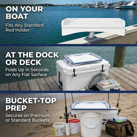 TRAPSKI Premium Rod Mount 18" or 33" Raised Fillet Table – 3-in-1 Bait & Fish Station | Fits Rod Holders, Buckets & Flat Surfaces | Marine-Grade HDPE | Ruler, Juice Groove, Knife & Tool Slots