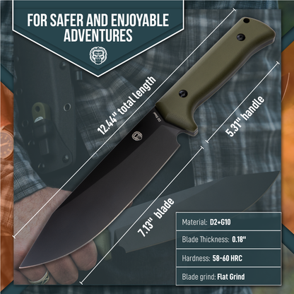 Holtzman's Gorilla Survival The Congo D2 Steel Bushcraft Survival Knife Gift Set (Black Blade + Green Handle)