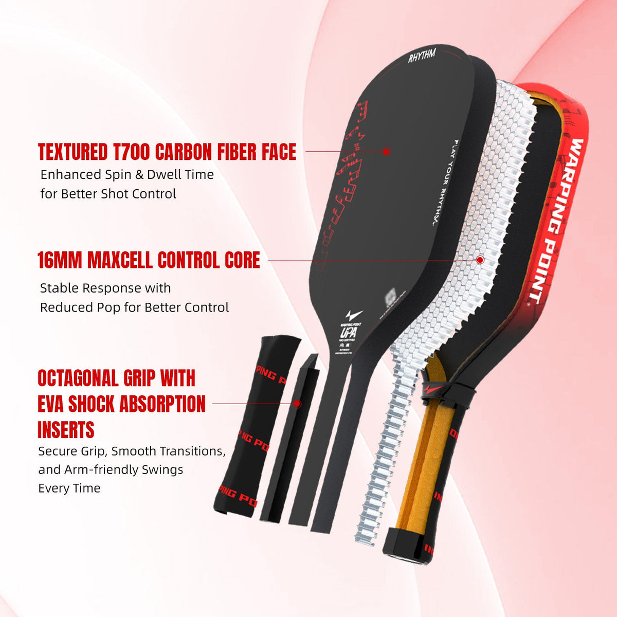 Warping Point Rhythm Hybrid Pickleball Paddle – Red