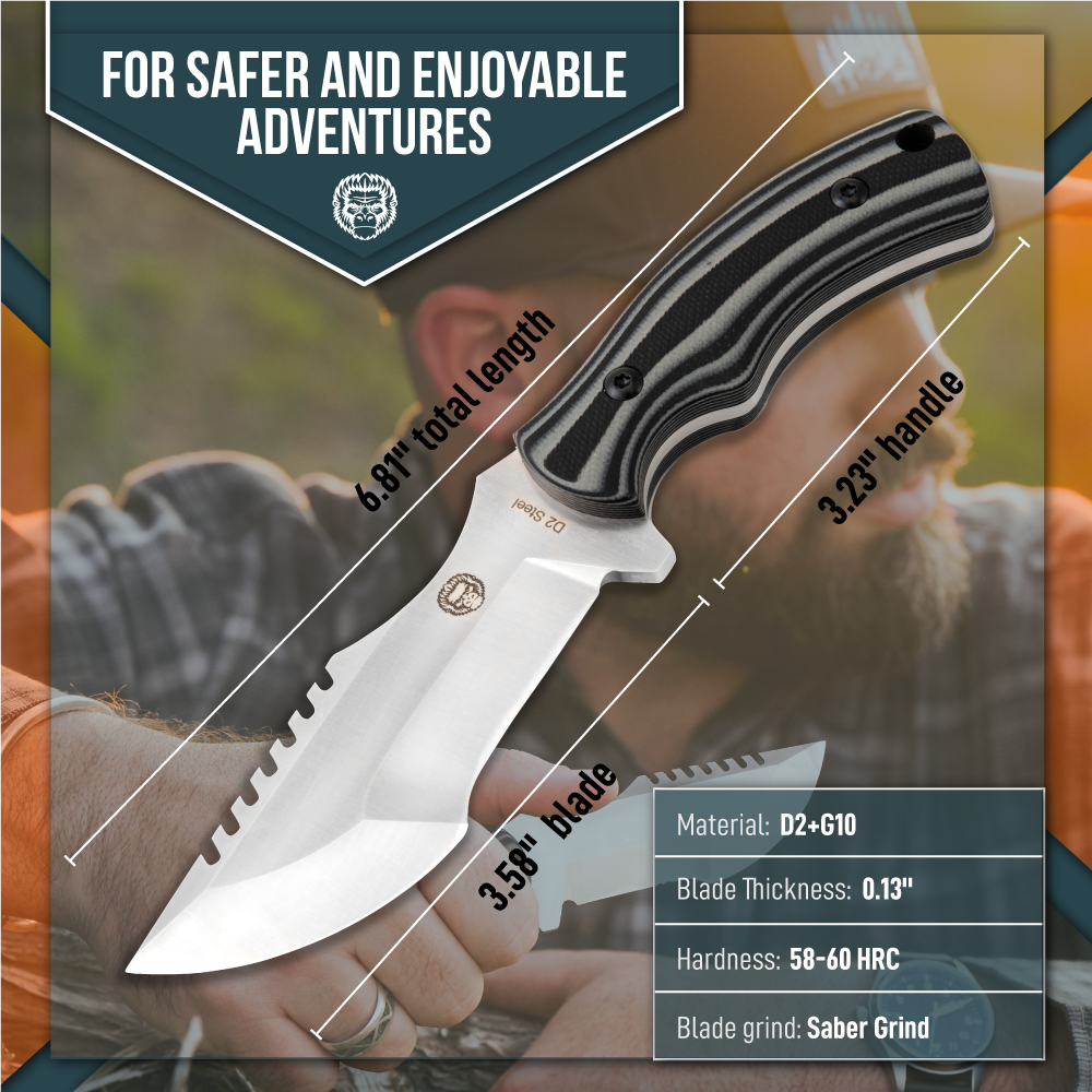 Holtzman's Gorilla Survival The Baby Tracker D2 Steel Bushcraft Survival Neck Knife Gift Set (Black and Gray)