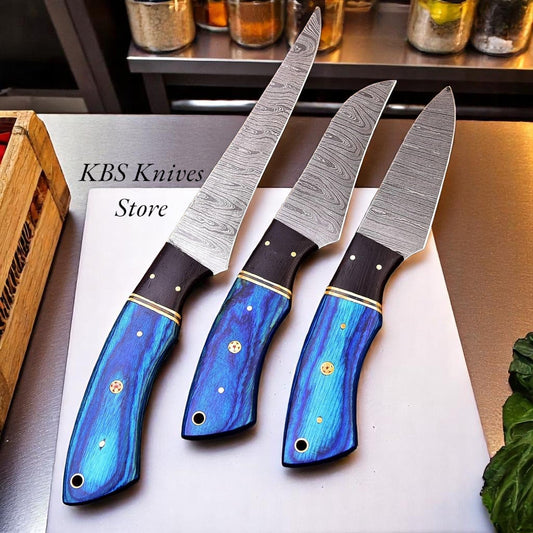 KBS Knives 3 Pcs Japanese Damascus Kitchen Knives Set with Exotic Pakka Wood & G10 Handles – Handmade by KBS Knives Store