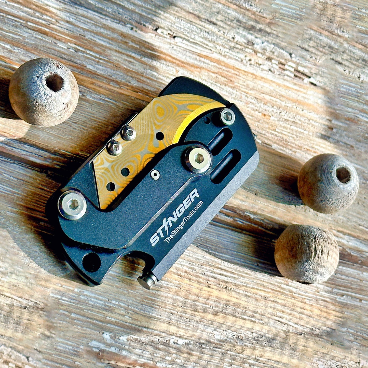 Stinger Survival Tools Dog Tag Tool, Folding Pocket Utility - Matte Black w/ Golden Edge