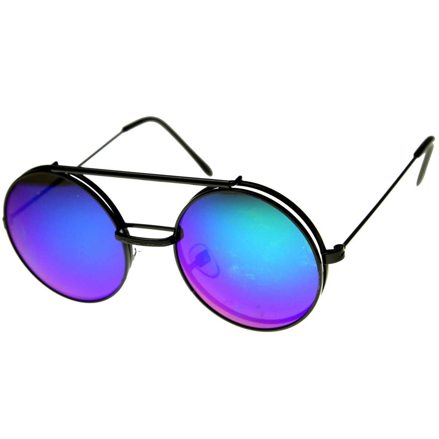 zeroUV Retro Round Steampunk Mirrored Lens Flip Up Sunglasses 8966