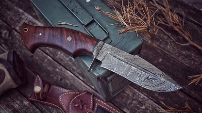 Texan Knives Good Hunting Knives – 10" Damascus Steel Blade with Rosewood Handle & Leather Sheath