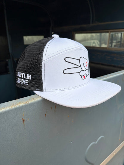 Hustlin Hippie PL Series 7 Panel Mesh Snapback- WHITE/BLACK- BLACK LOGO w/ BOLD style