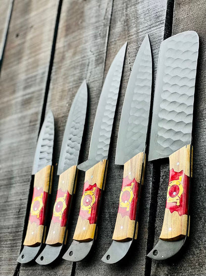 Texan Knives Stainless Steel Knife Set – 13" Forged Blades with Olivewood & Epoxy Resin Handles + Leather Sheath