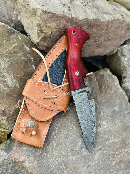 Texan Knives Hunting Skinning Knife – 10" Damascus Steel Blade with Pakkawood Handle & Leather Sheath