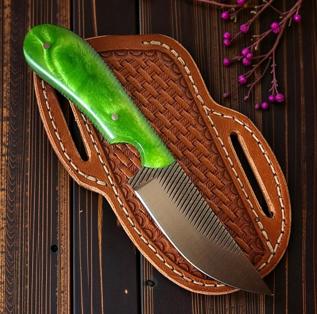 Frontier Cowboy Gear The Billy the Kid – Custom Handmade Farrier Rasp Steel Knife with Green Epoxy Resin Handle & Leather Sheath