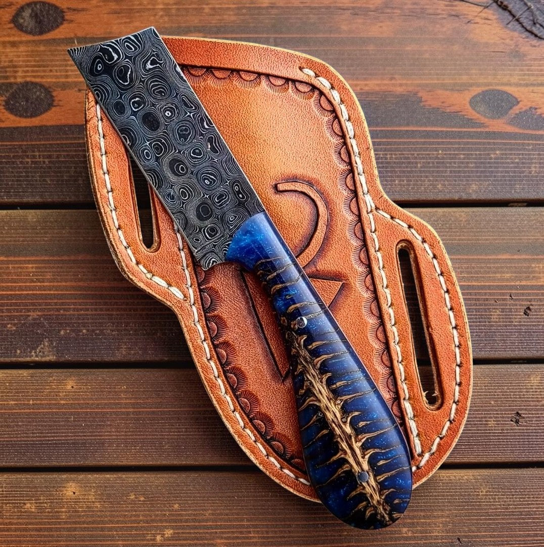 Frontier Cowboy Gear The Midnight Rider – Custom Handmade Damascus Steel Bull Cutter Knife with Blue Epoxy Pine Cone Resin Handle & Leather Sheath