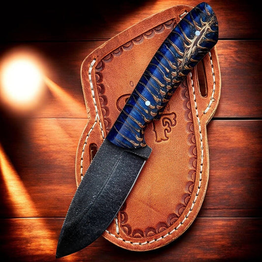Frontier Cowboy Gear The Jesse James – Custom Handmade Acid Washed Rasp Steel Knife with Blue Epoxy Pine Cone Resin Handle & Leather Sheath