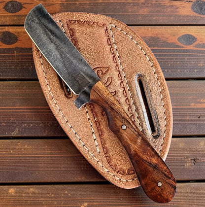 Frontier Cowboy Gear The Wrangler – Custom Handmade Old Farrier Rasp Steel Bull Cutter Knife with Natural Wood Handle & Leather Sheath