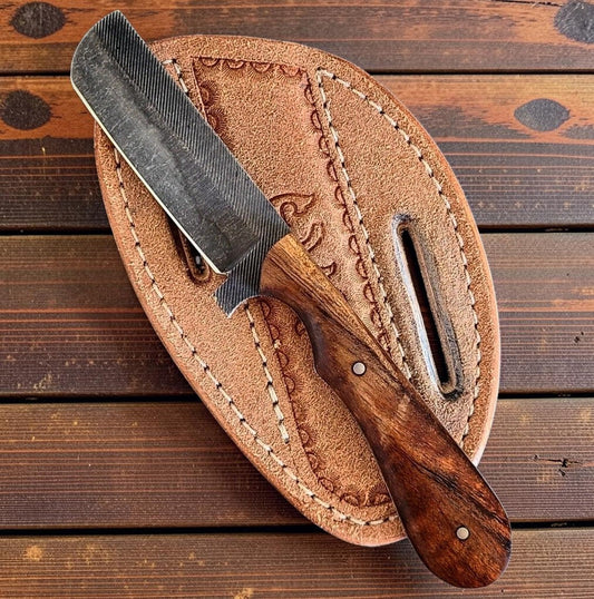 Frontier Cowboy Gear The Wrangler – Custom Handmade Old Farrier Rasp Steel Bull Cutter Knife with Natural Wood Handle & Leather Sheath