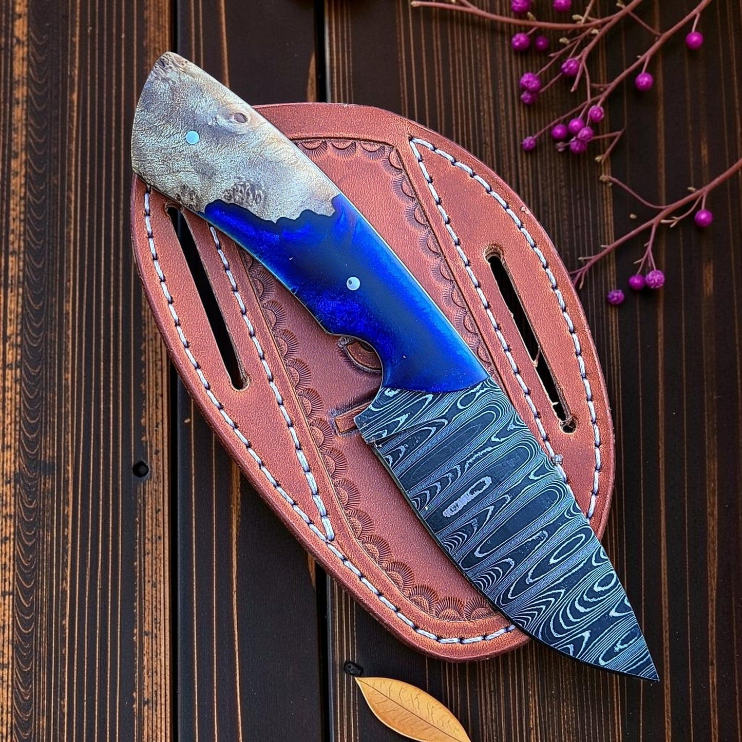 Frontier Cowboy Gear 8.25" Custom Handmade Damascus Steel Cowboy Knife with Walnut Epoxy Resin Handle & Leather Sheath