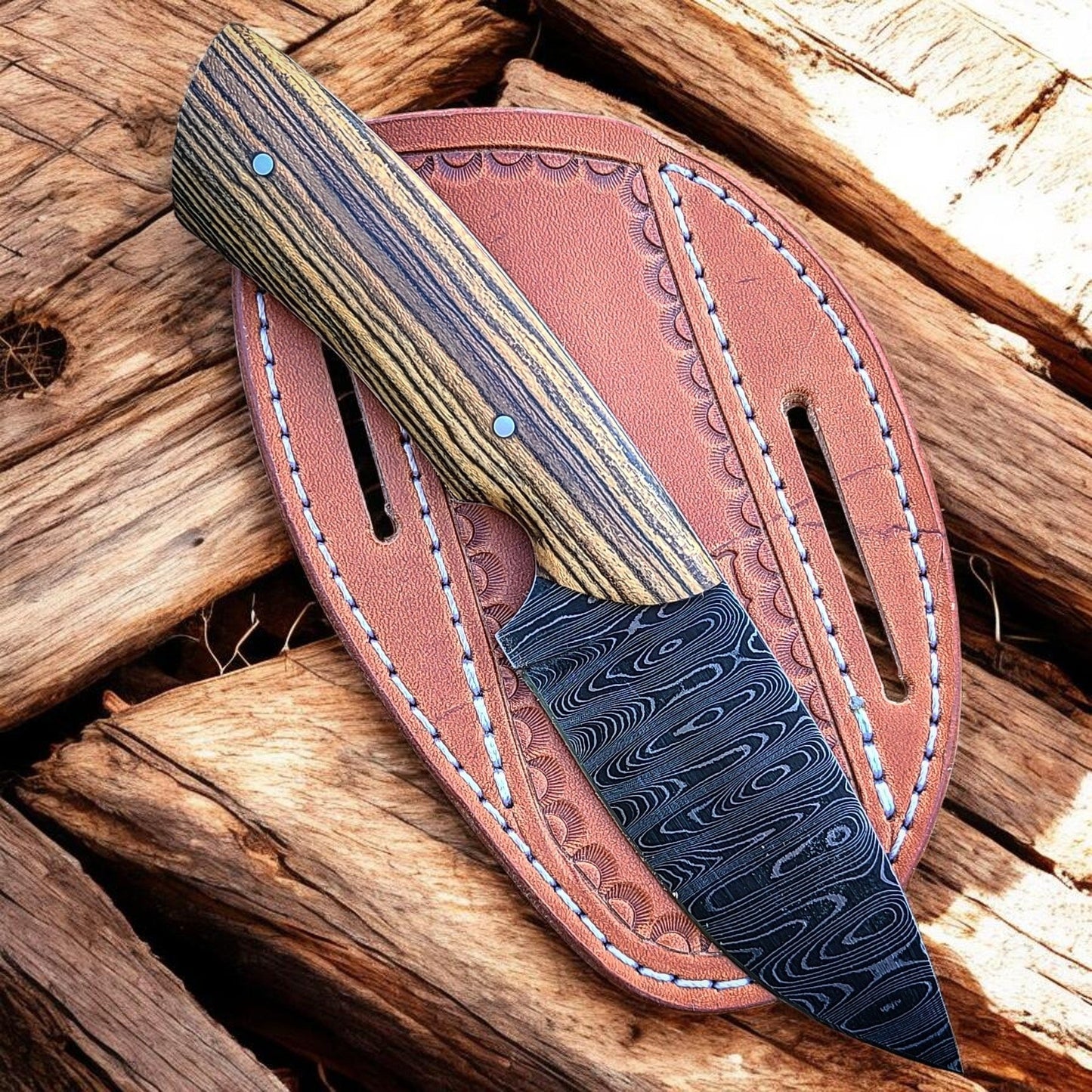 Frontier Cowboy Gear 8.25" Custom Handmade Damascus Steel Cowboy Hash Knife with Olivewood Handle & Leather Sheath