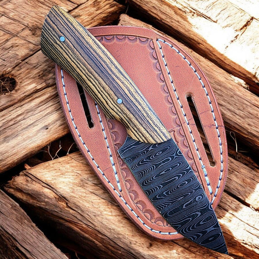 Frontier Cowboy Gear 8.25" Custom Handmade Damascus Steel Cowboy Hash Knife with Olivewood Handle & Leather Sheath