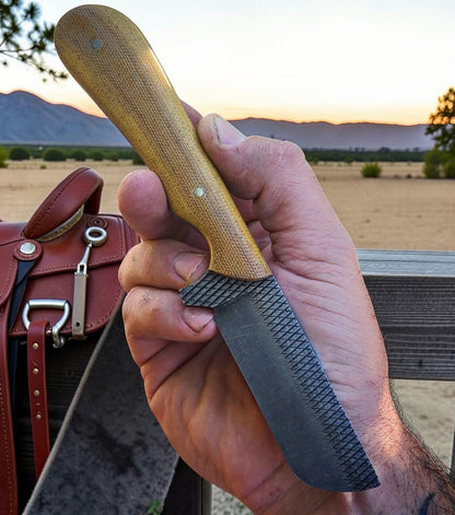 Frontier Cowboy Gear The Ironhorse – Custom Handmade Old Farrier Horse Rasp Steel Bull Cutter Knife with Brown Micarta Handle & Leather Sheath