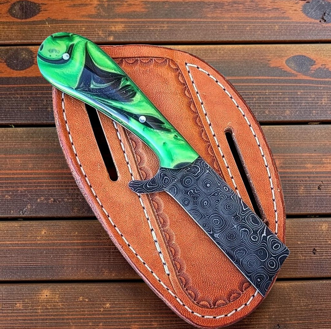 Frontier Cowboy Gear The Flash Flood – Custom Handmade Raindrop Pattern Damascus Steel Bull Cutter Knife with Epoxy Resin Handle & Leather Sheath