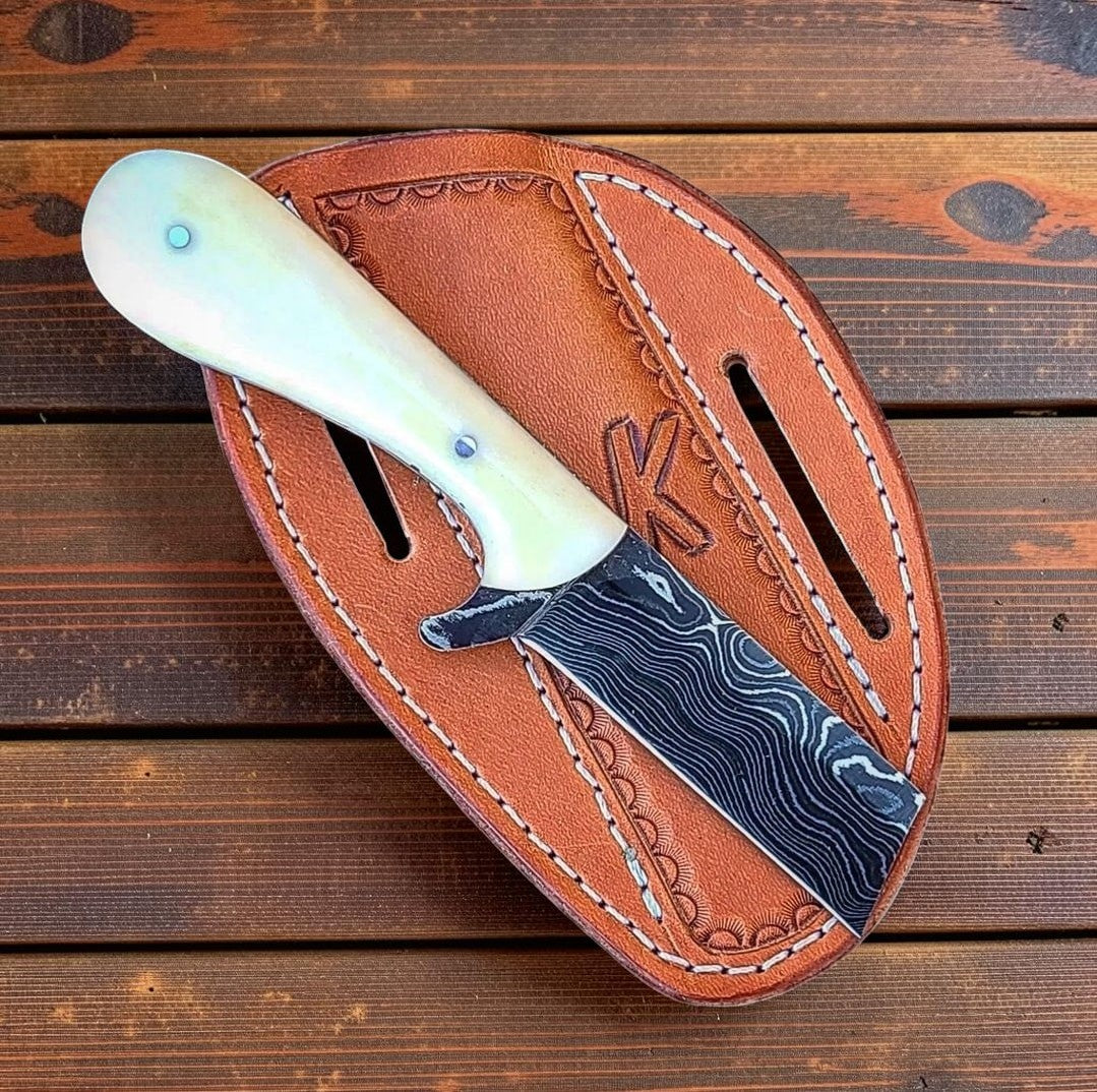 Frontier Cowboy Gear The Bone Yard – Custom Handmade Damascus Steel Bull Cutter Knife with Bone Handle & Leather Sheath