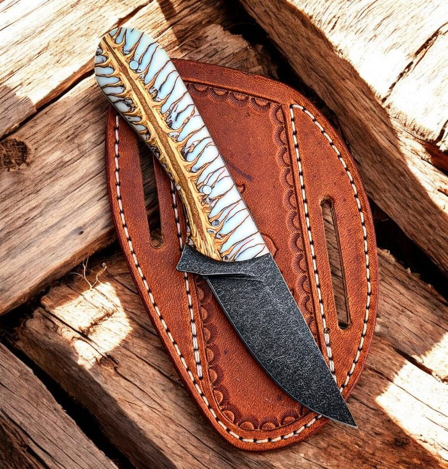 Frontier Cowboy Gear 7.5" Custom Handmade Acid Wash D2 Steel Knife with Leather Sheath