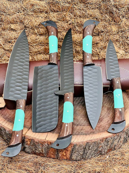 Texan Knives Knife Set – 13" Forged Stainless Steel Blade with Wenge Wood & Resin Handle + Leather Sheath