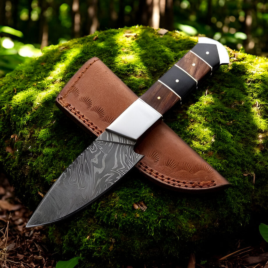 KBS Knives Firestorm Damascus Steel Skin Knife – 8" Rosewood & Buffalo Horn Handle with Leather Sheath