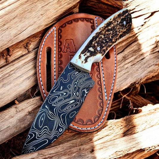 Frontier Cowboy Gear Custom Handmade Damascus Steel Knife with Leather Sheath