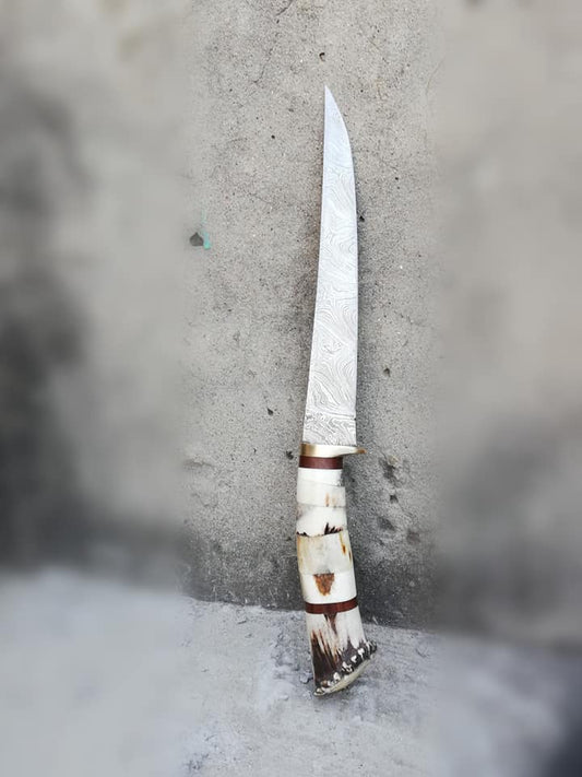 KBS Knives Damascus Steel Handmade Fillet Boning Knife with Stag Horn, Bone and Brass Finger Guard Handle, 12-Inch Overall Length