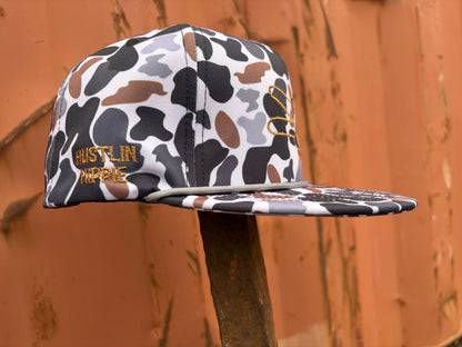 Hustlin Hippie PL Series 5 Panel Snapback Hat w/Rope- CAMO- BROWN LOGO w/ Bold Style