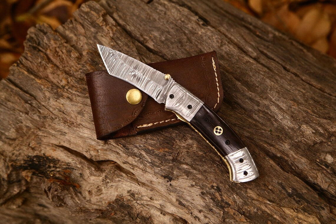 KBS Knives Custom Handmade Damascus Steel Tanto Blade EDC Folding Pocket Knife | 3-Inch Blade, Wenge Wood Handle, Leather Case | Groomsman Gift