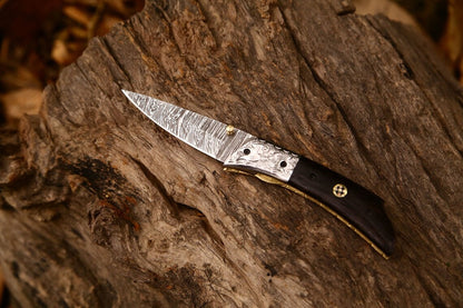 KBS Knives Hand Engraved Custom Damascus Steel EDC Folding Pocket Knife | 3-Inch Blade, Wenge Wood Handle, Leather Case | Anniversary Gift Idea