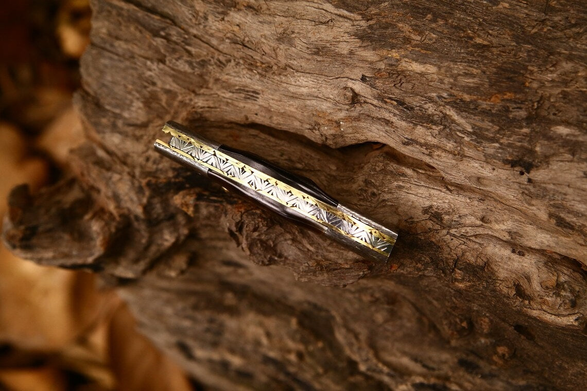 KBS Knives Custom Handmade Damascus Steel EDC Folding Pocket Knife – 3-Inch Blade, Sheep Horn Handle, Leather Case – Perfect Wedding Gift by KBS Knives