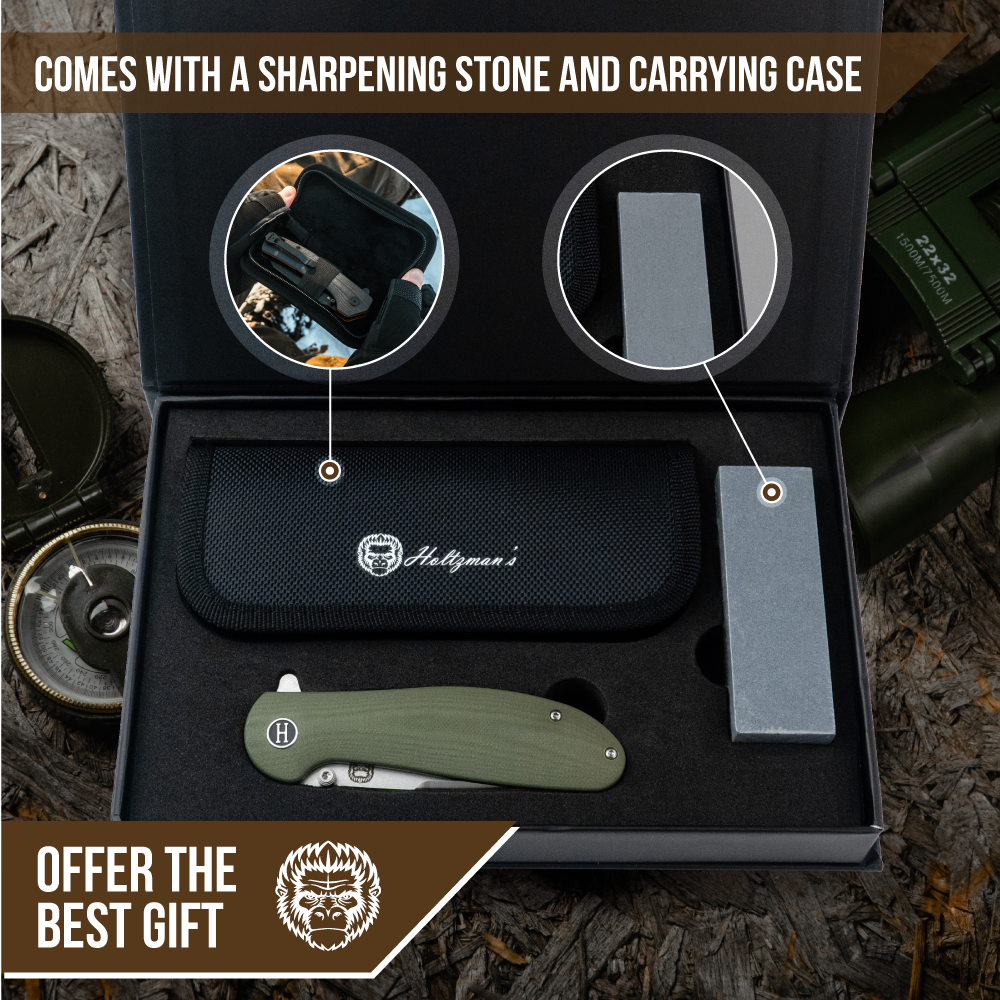 Holtzman's Gorilla Survival The Straight Back Folding Pocket Knife Giftset for Men and Women (Silver and Green)